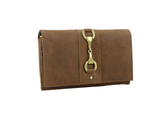 Hunter leather wallet with a gold snaffle clasp on a white background